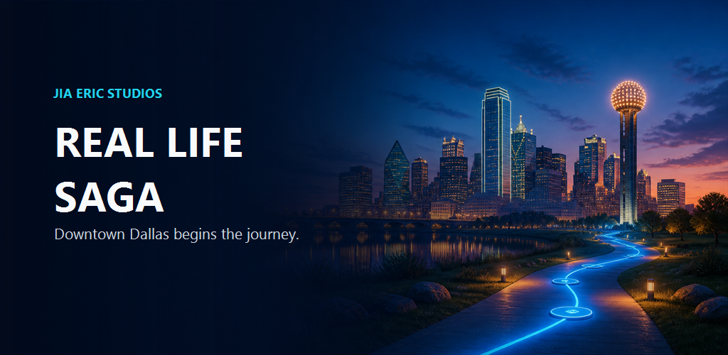Illustrated Downtown Dallas skyline at twilight with a luminous story path